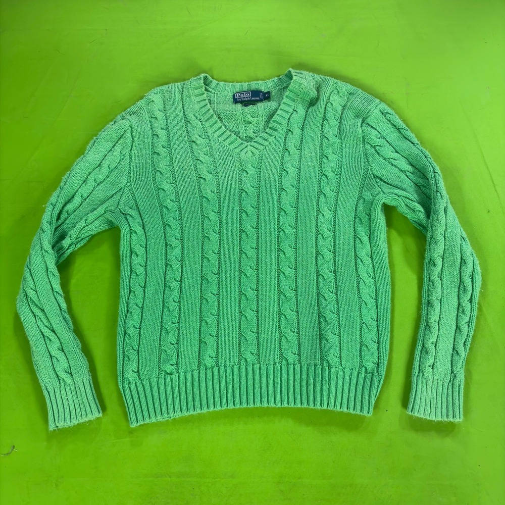 VTG 90s Polo Ralph Lauren 100% Silk Cable Knit Sweater Womens XL Green V-Neck